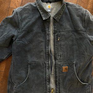 Vintage Carhartt Pile Fleece Lined Canvas Work Jacket Size L Distressed